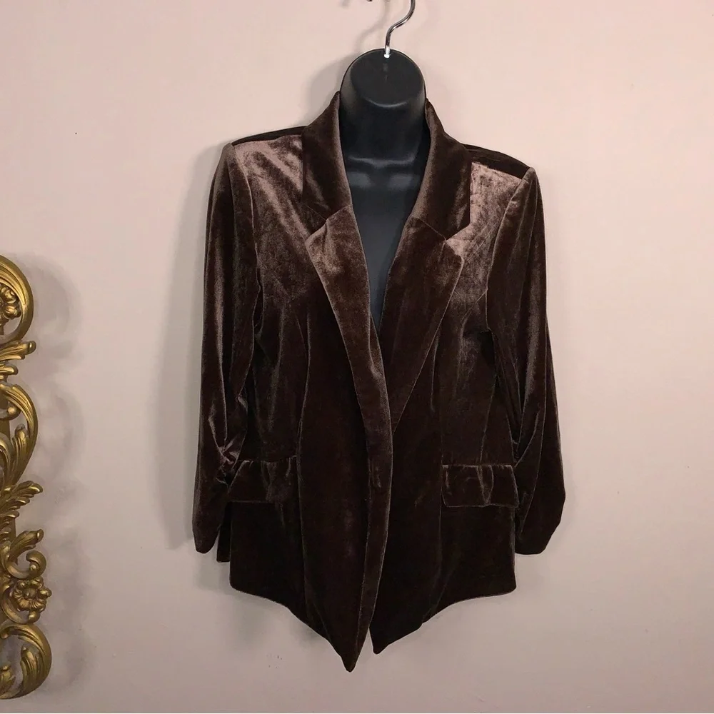 Y2K Era Small Cato Brown Velour Stretch Blazer Ruched 3/4 Length Sleeve